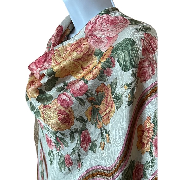 Casca Floral Square Scarf Cabbage Rose Silky Golden Shimmery Hand Rolled Hem 35" - Picture 3 of 14